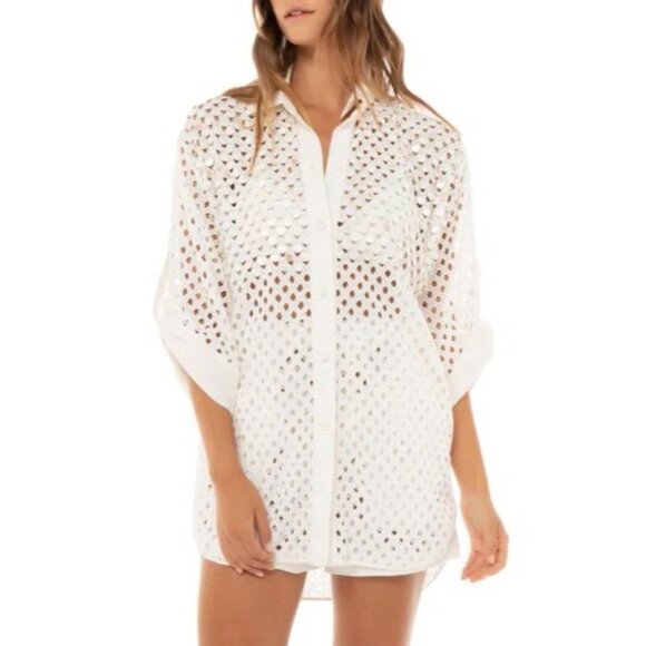 Agua Bendita Chrissy Kai Eyelet Cover Up Shirt S Ivory Sequin Embroidered - Picture 1 of 8